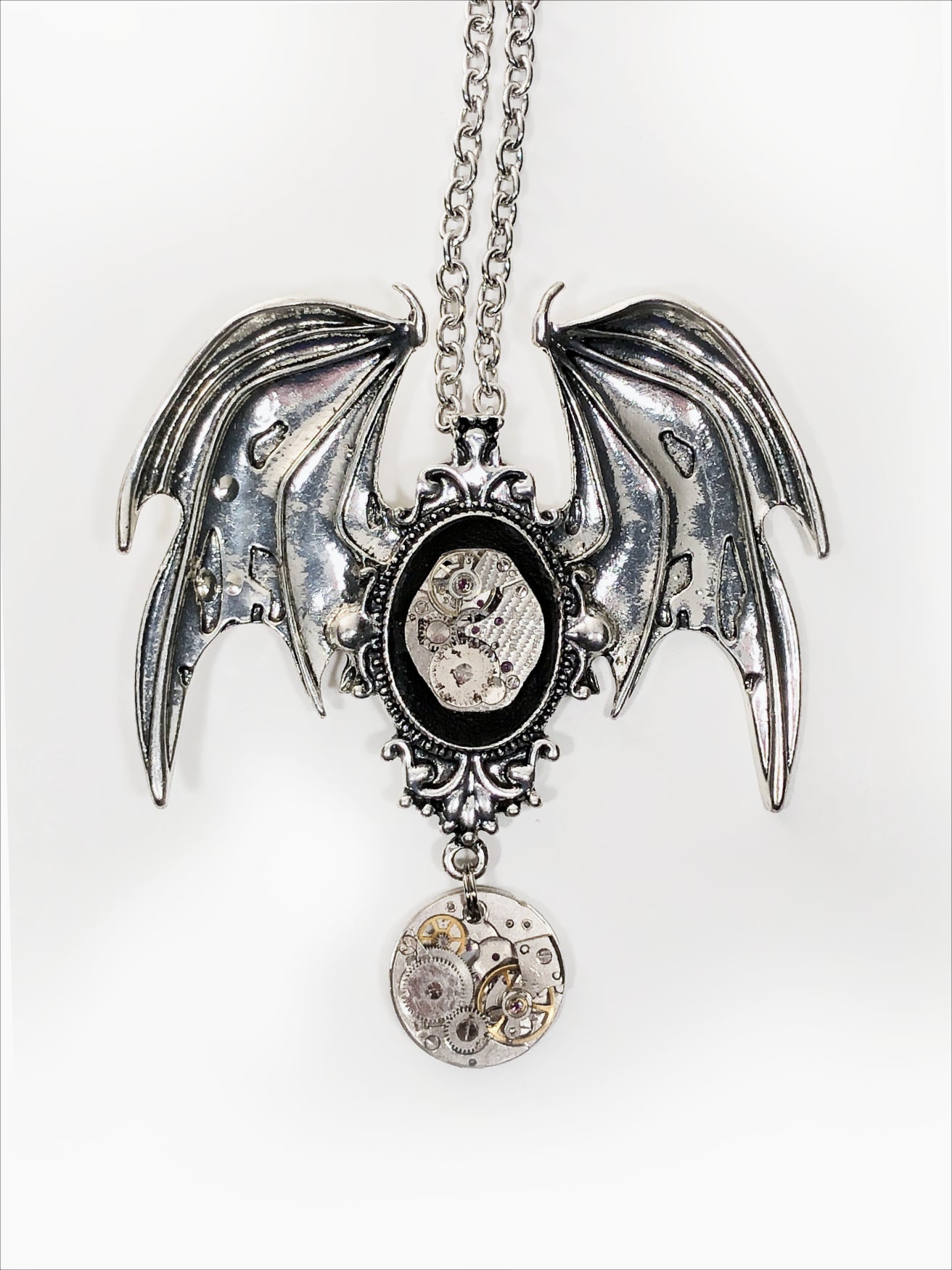 two real vintage watch parts set on a gothic victorian bat necklace steampunk feel ooak