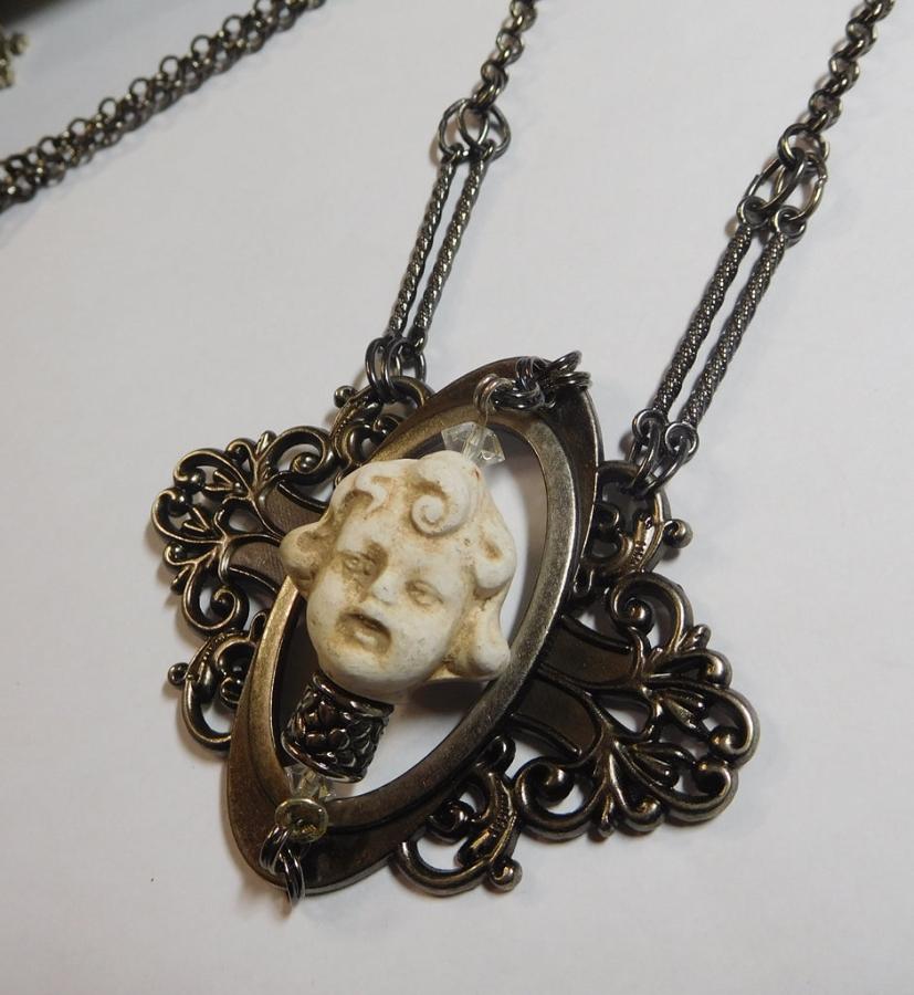 victorian frozen charlotte statement vintage necklace bronze