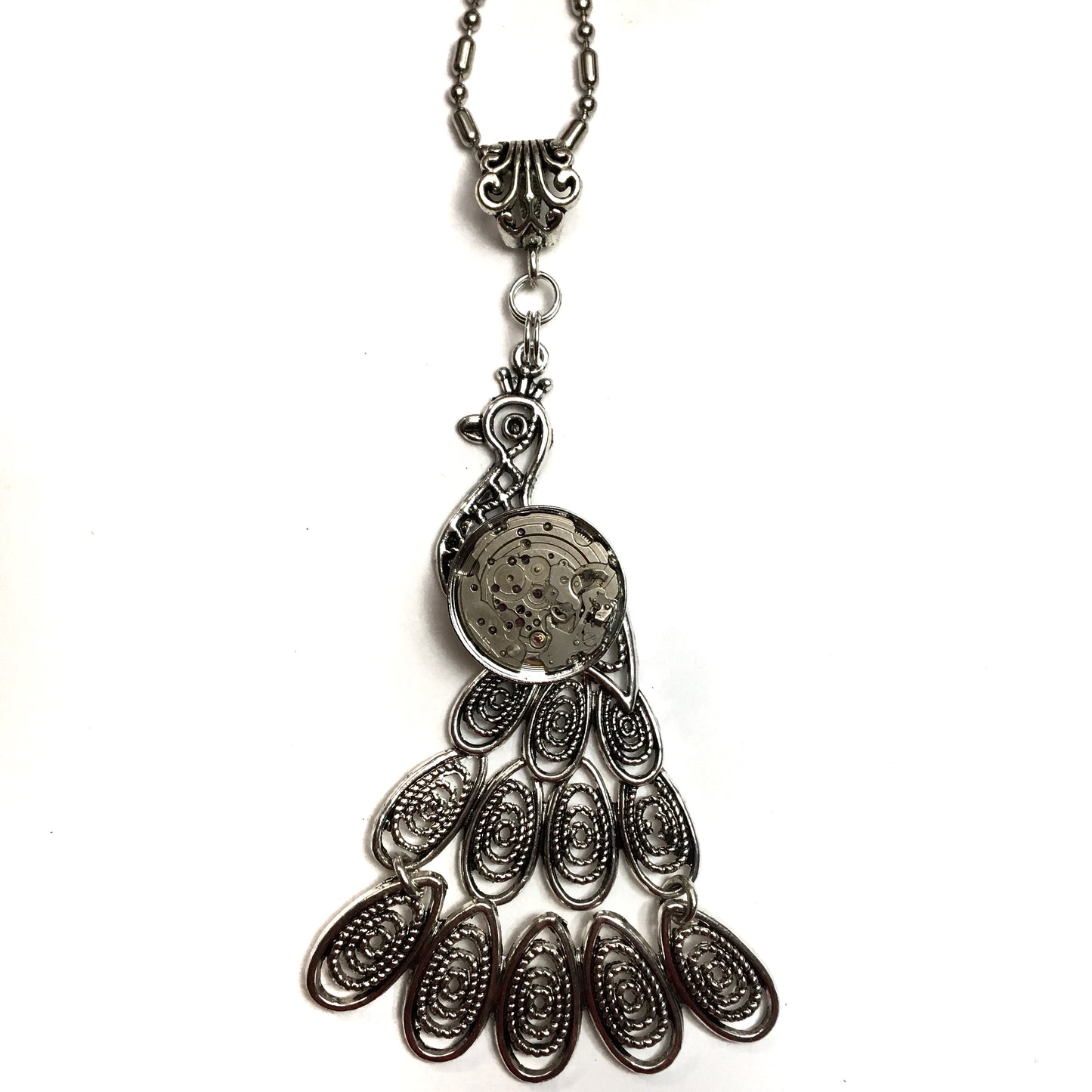 peacock necklace with real vintage watch parts steampunk inspired