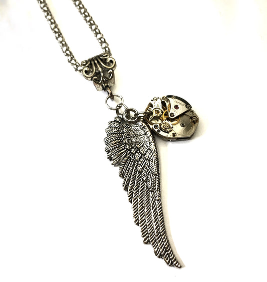 real vintage watch parts and angel bird wing necklace