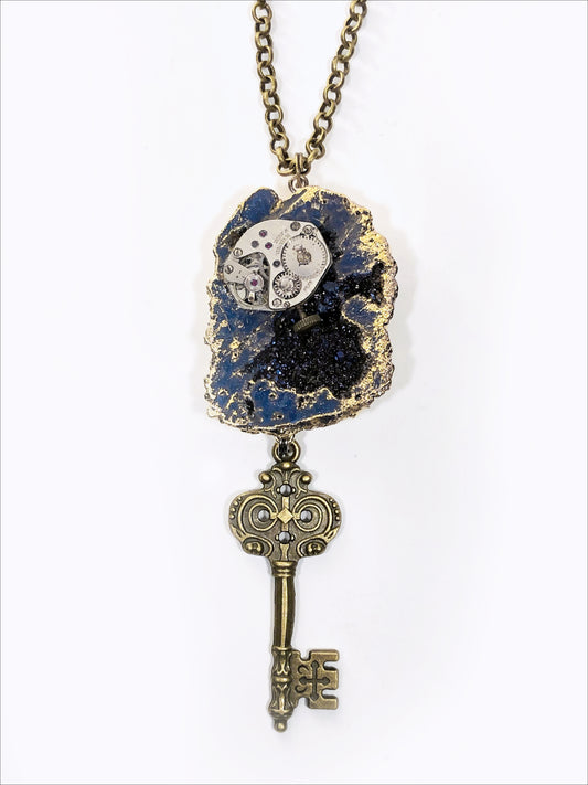 Blue Rock Slice Steampunk Key Necklace