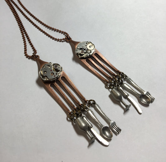 copper fork pendants with real vintage watch parts and cutlery charms