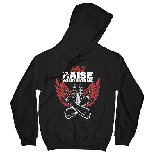 ddk art on front of raise your horns music hoodie