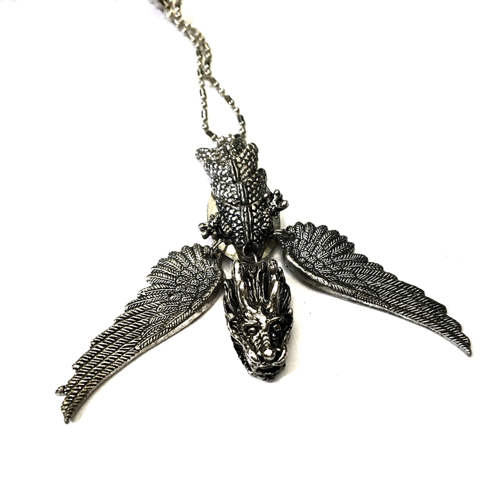 silver color dragon with wings necklace