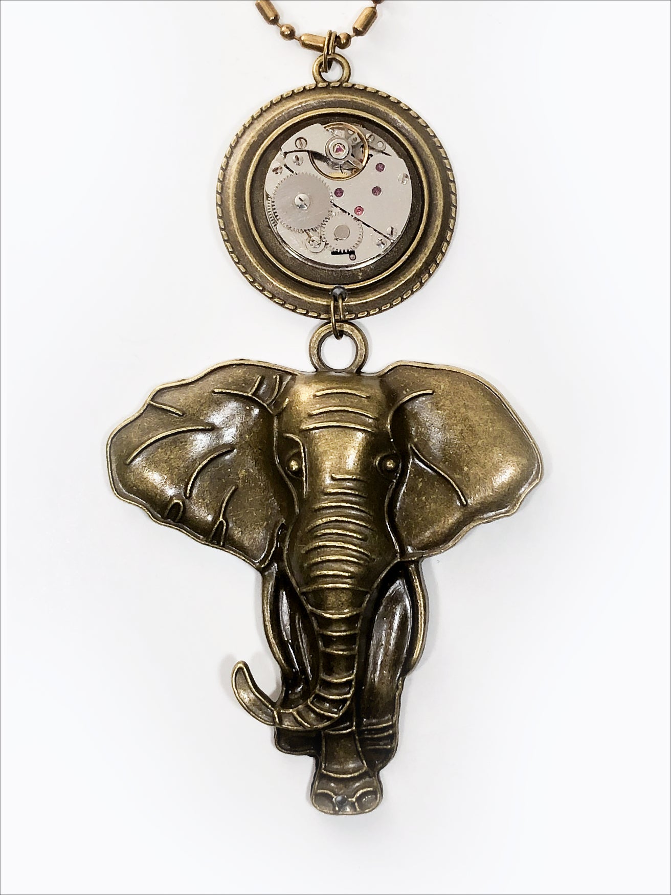 bronze elephant necklace with real vintage watch parts steampunk feel