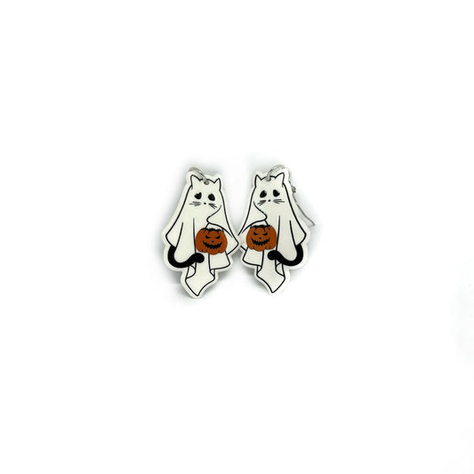 Trick or Treat Ghost Cat Halloween Earrings