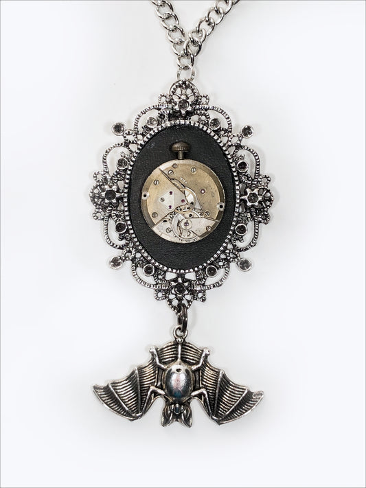 hanging bat goth victorian steampunk necklace with real watch parts