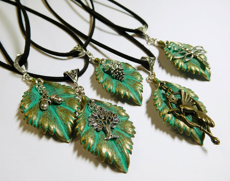 leaf necklaces with charms and patina pendant