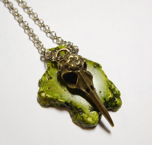 Raven Skull on Green Turquoise Necklace