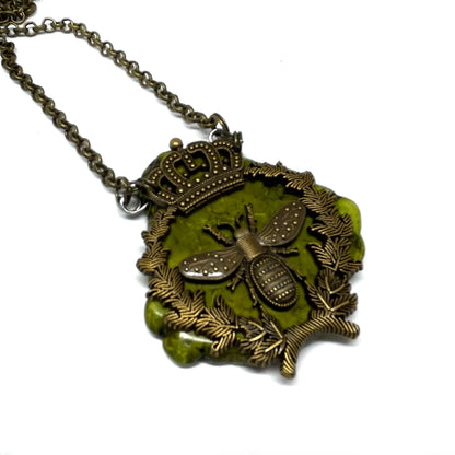 green turquoise stone and bronze vintage bee necklace