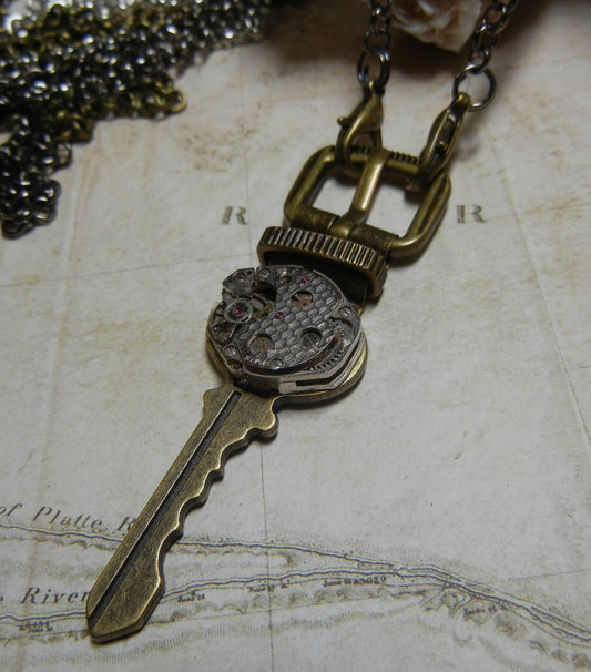 buckle and key bronze necklace with real vintage watch parts