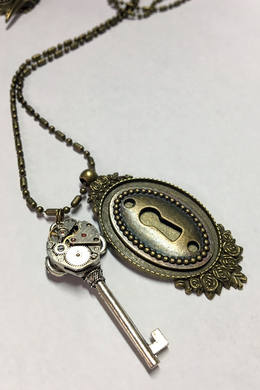 bronze lock and key real watch parts necklace steampunk