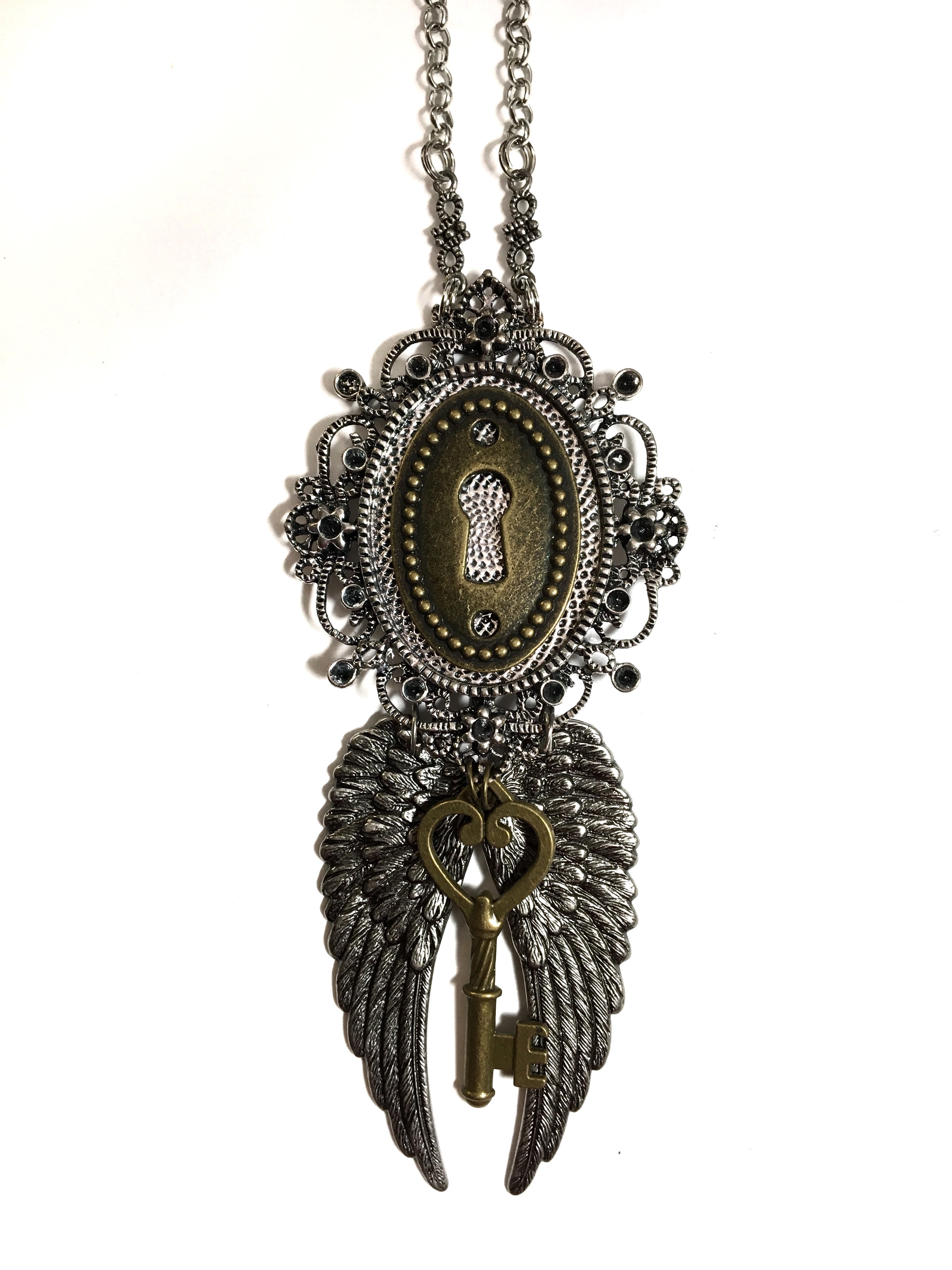 vintage key angel raven wings statement necklace
