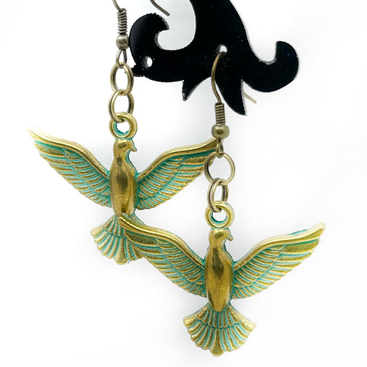 green patina dangle bird earrings