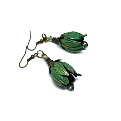 green patina dangle tulip vintage earrings 