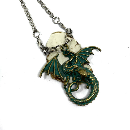 patina dragon on turquoise white stone necklace