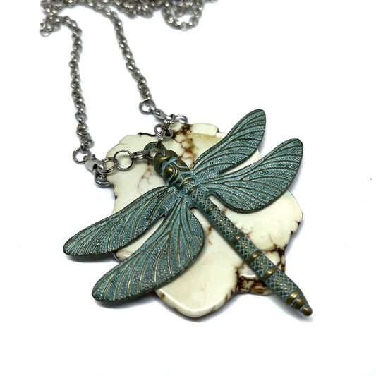 patina necklace dragonfly on white turquoise natural stone