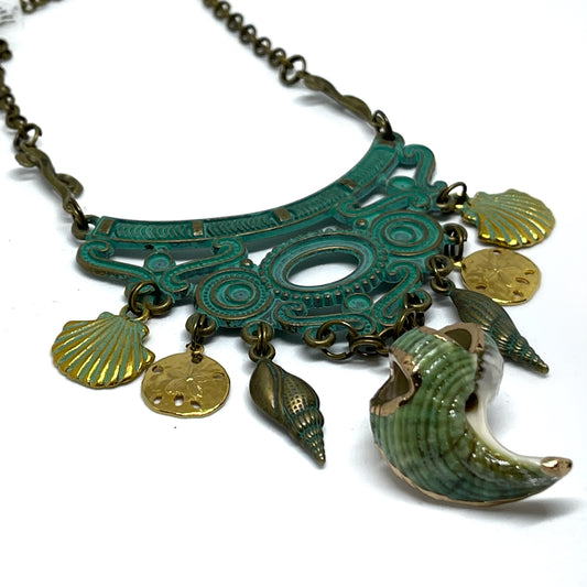 patina statement collar necklace with shells
