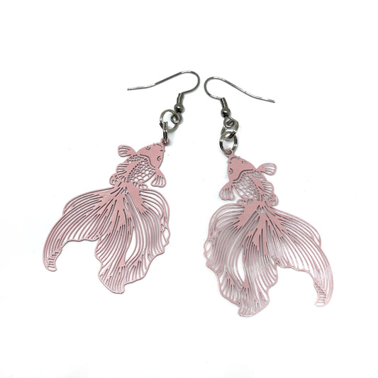lightweight flat stamped fish pink earrings