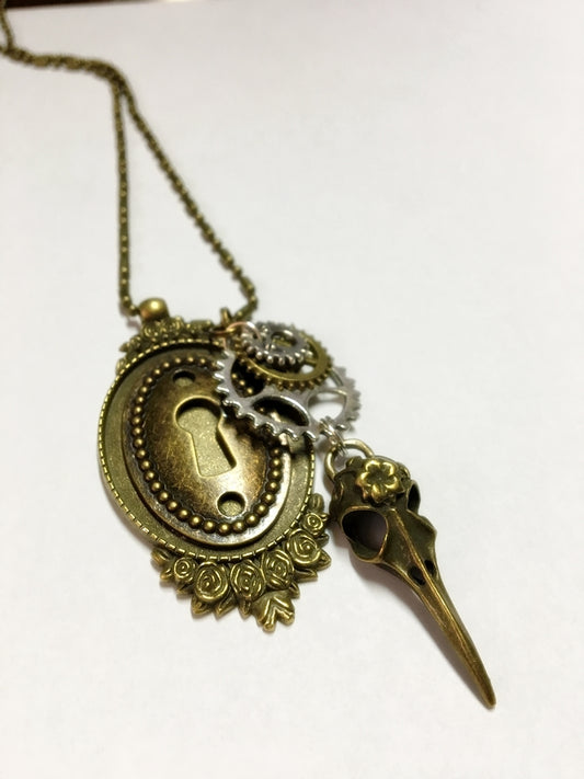 Steampunk gears lock raven women's necklace gift