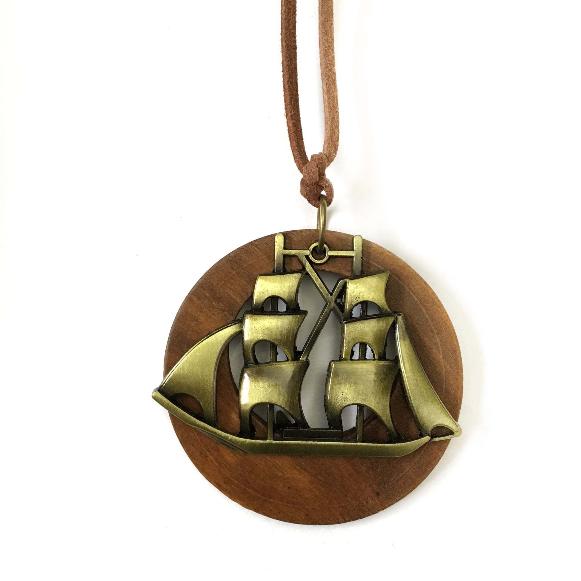 bronze ship necklace with wood back