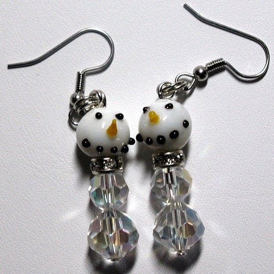 hand blown snowman bead crystal earrings