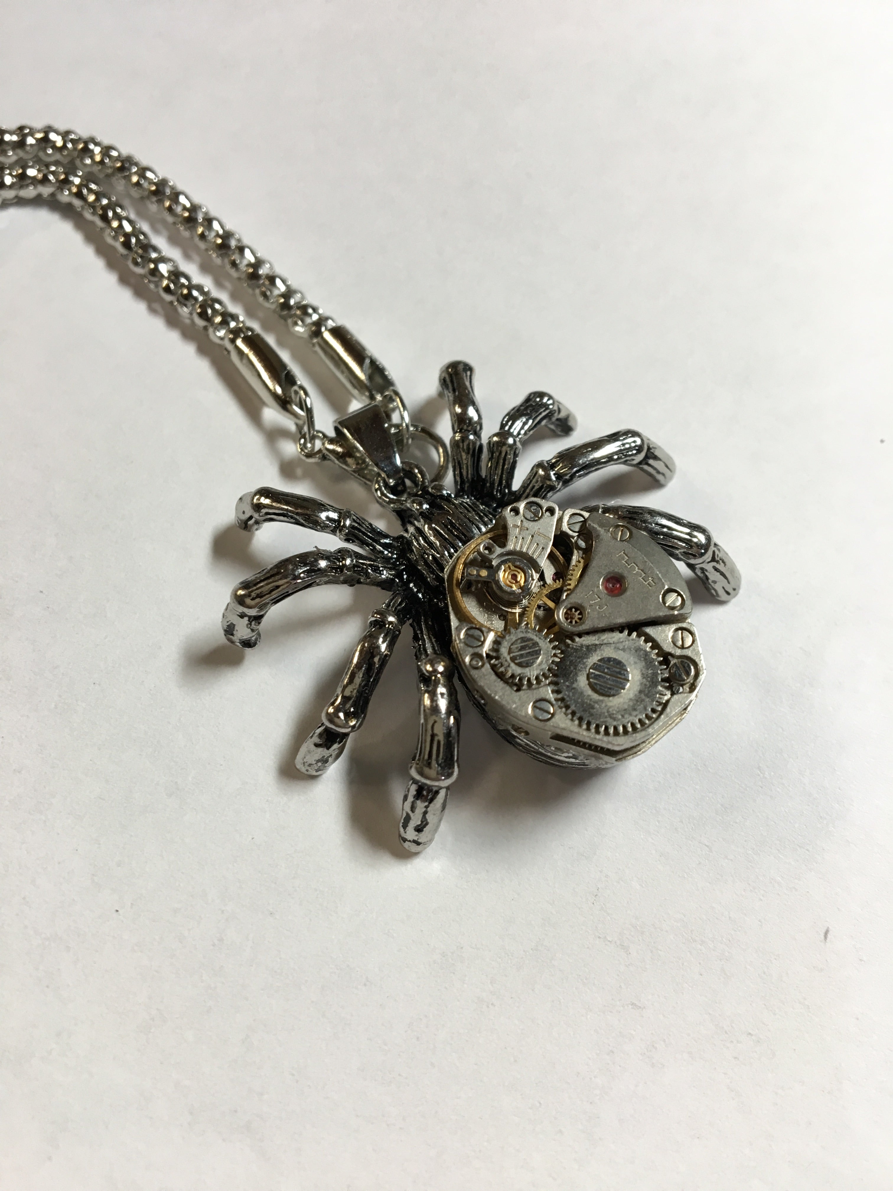 steampunk silver spider goth necklace with real vintage watch parts