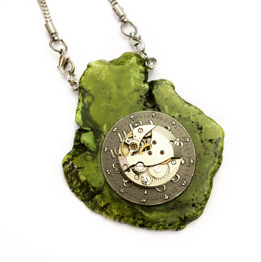 Green With Envy Rock Slice Steampunk Necklace