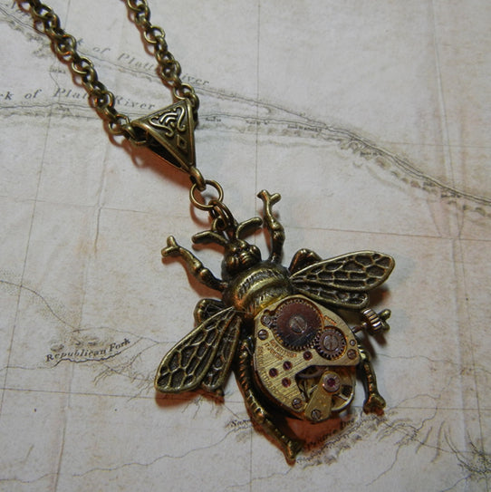 vintage look bee bronze accessory necklace with watch works