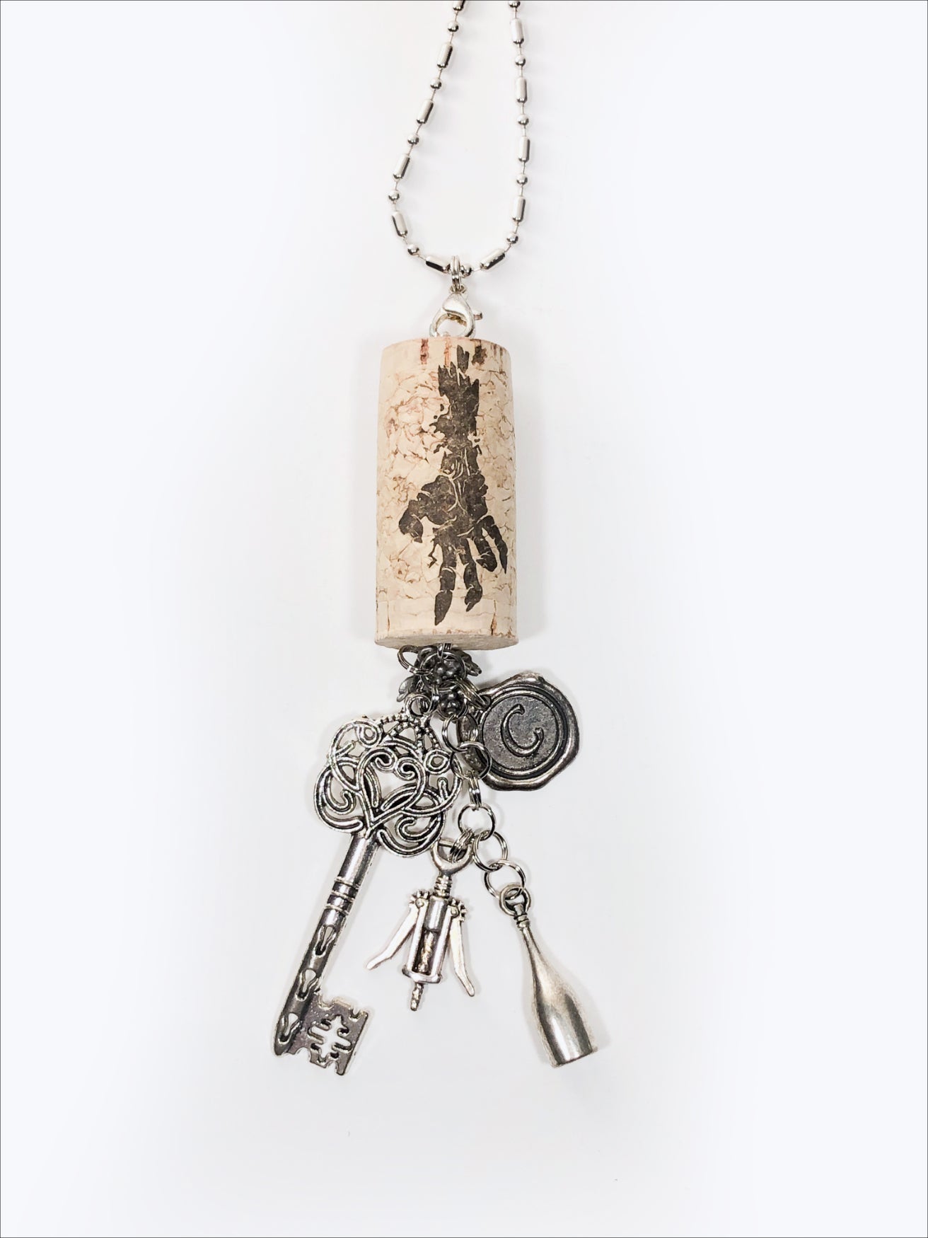 vintage feel real cork with zombie skull hand and key wine charms necklace handmade